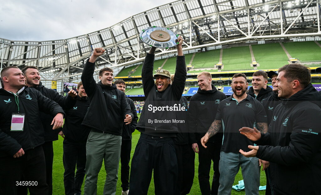 16 May 2026; Rieko Ioane of Leinster and his teammates lift the URC Irish shield at half-time in the United Rugby Championship match between Leinster and Ospreys at the Aviva Stadium in Dublin. Photo by Brendan Moran/Sportsfile
