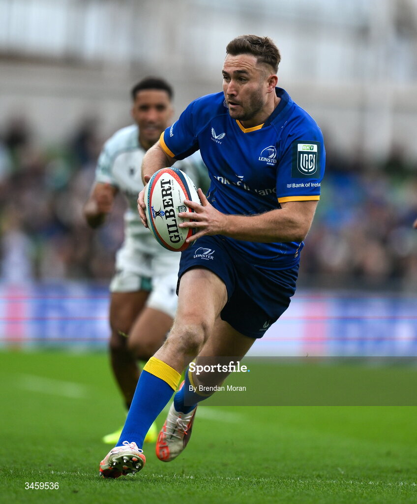 16 May 2026; Jordan Larmour of Leinster during the United Rugby Championship match between Leinster and Ospreys at the Aviva Stadium in Dublin. Photo by Brendan Moran/Sportsfile