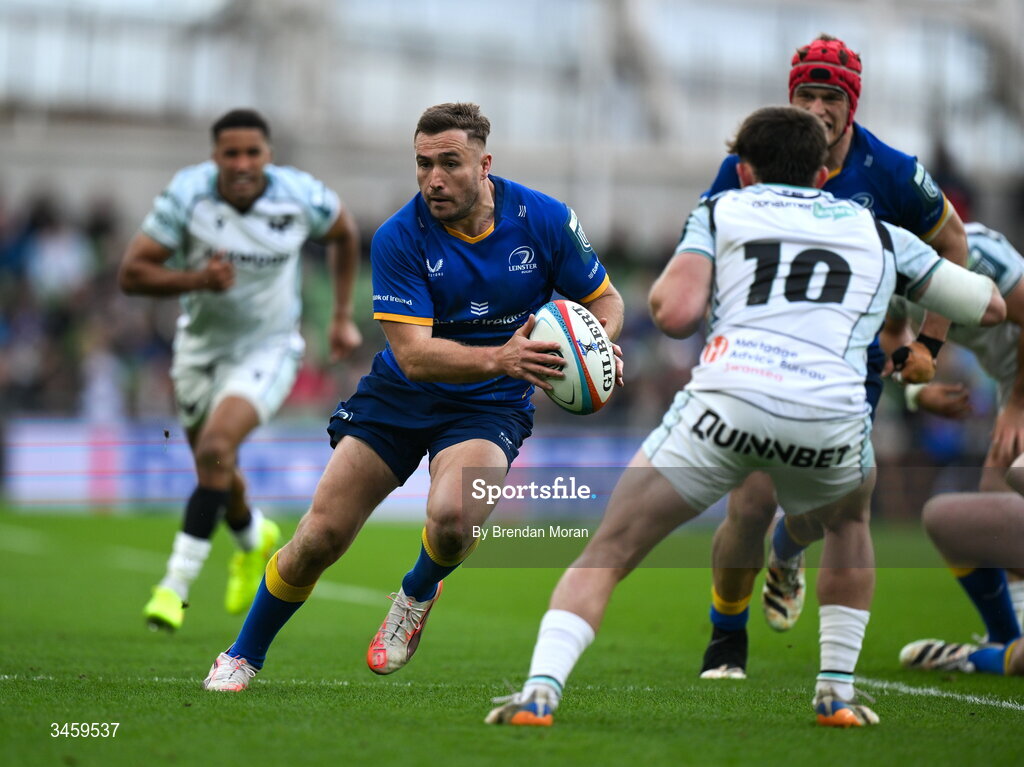 16 May 2026; Jordan Larmour of Leinster in action against Dan Edwards of Ospreys during the United Rugby Championship match between Leinster and Ospreys at the Aviva Stadium in Dublin. Photo by Brendan Moran/Sportsfile