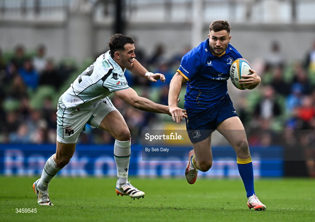 16 May 2026; Jordan Larmour of Leinster in action against Owen Watkin of Ospreys during the United Rugby Championship match between Leinster and Ospreys at the Aviva Stadium in Dublin. Photo by Seb Daly/Sportsfile