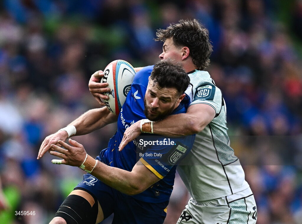 16 May 2026; Robbie Henshaw of Leinster is tackled by Jack Walsh of Ospreys during the United Rugby Championship match between Leinster and Ospreys at the Aviva Stadium in Dublin. Photo by Seb Daly/Sportsfile