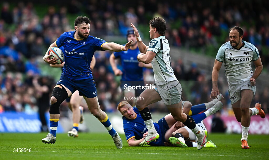 16 May 2026; Robbie Henshaw of Leinster is tackled by Jack Walsh of Ospreys during the United Rugby Championship match between Leinster and Ospreys at the Aviva Stadium in Dublin. Photo by Seb Daly/Sportsfile