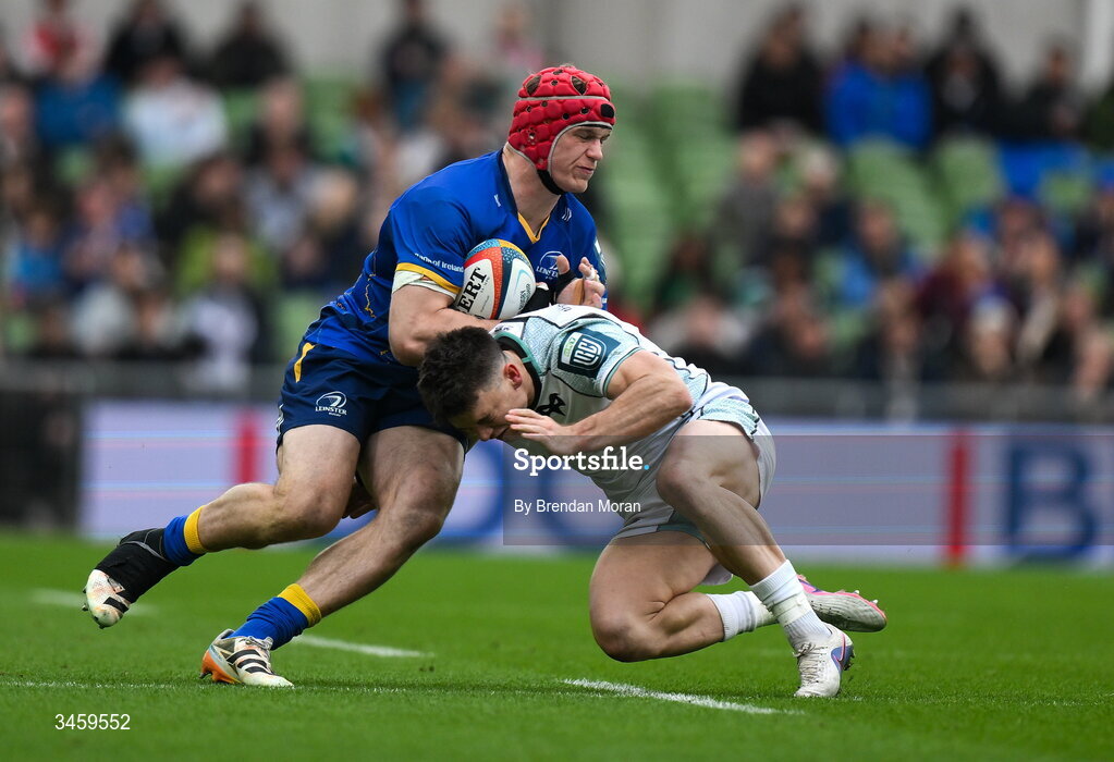 16 May 2026; Josh van der Flier of Leinster is tackled by Reuben Morgan-Williams of Ospreys during the United Rugby Championship match between Leinster and Ospreys at the Aviva Stadium in Dublin. Photo by Brendan Moran/Sportsfile