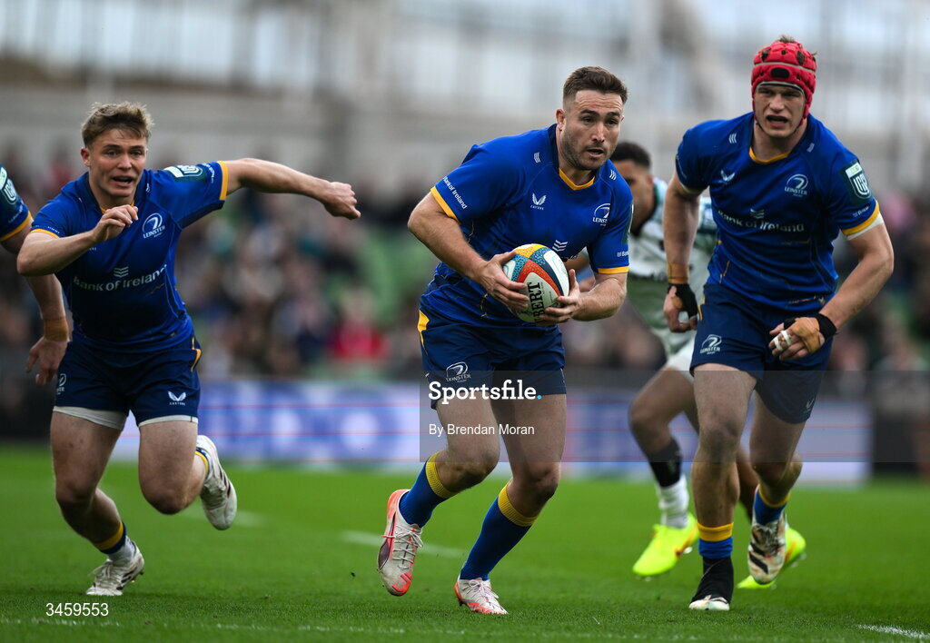 16 May 2026; Jordan Larmour of Leinster during the United Rugby Championship match between Leinster and Ospreys at the Aviva Stadium in Dublin. Photo by Brendan Moran/Sportsfile