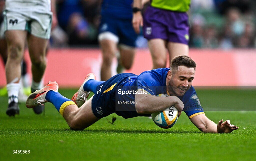 16 May 2026; Jordan Larmour of Leinster scores his side's sixth try during the United Rugby Championship match between Leinster and Ospreys at the Aviva Stadium in Dublin. Photo by Seb Daly/Sportsfile