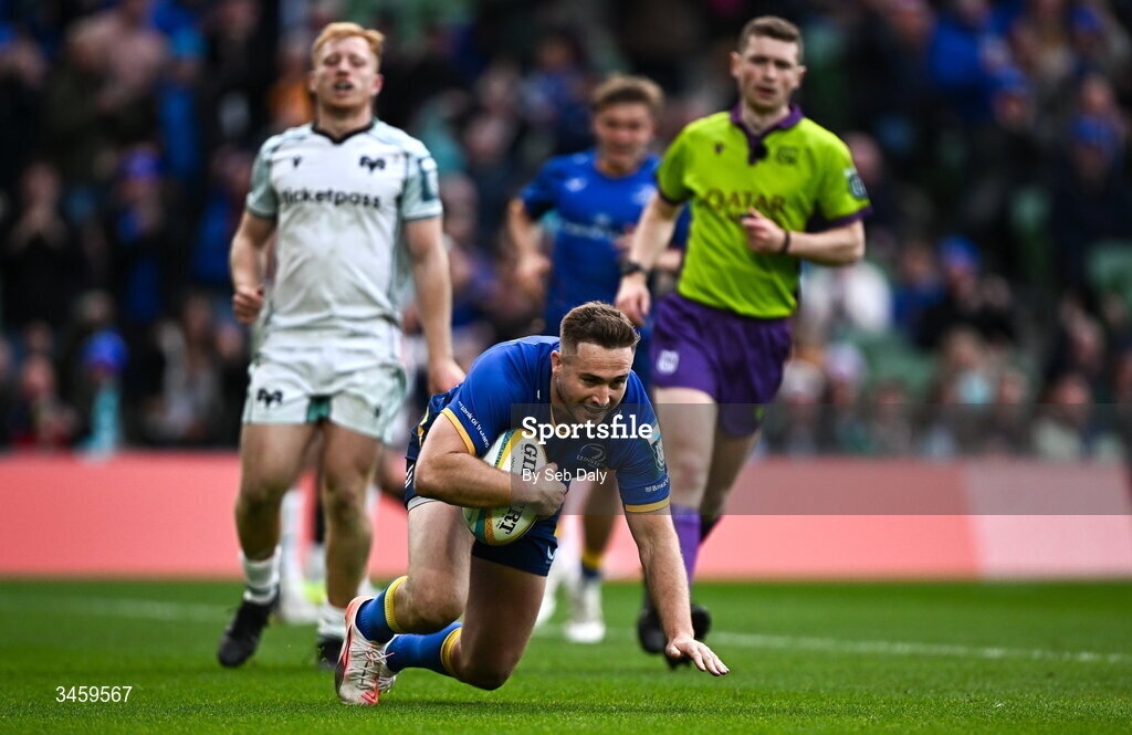 16 May 2026; Jordan Larmour of Leinster scores his side's sixth try during the United Rugby Championship match between Leinster and Ospreys at the Aviva Stadium in Dublin. Photo by Seb Daly/Sportsfile
