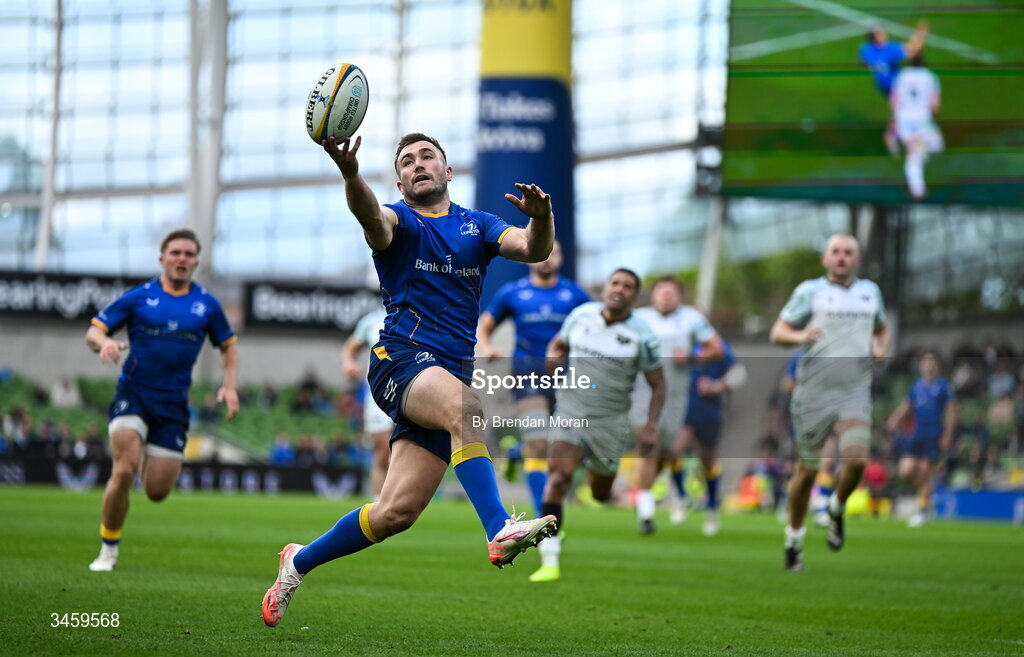 16 May 2026; Jordan Larmour of Leinster gathers possession on the way to scoring his side's sixth try during the United Rugby Championship match between Leinster and Ospreys at the Aviva Stadium in Dublin. Photo by Brendan Moran/Sportsfile