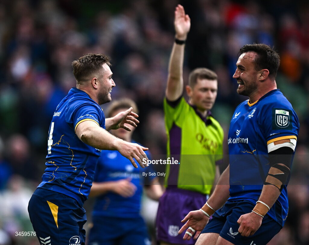 16 May 2026; Jordan Larmour of Leinster, left, celebrates with teammate Rónan Kelleher after scoring their side's sixth try during the United Rugby Championship match between Leinster and Ospreys at the Aviva Stadium in Dublin. Photo by Seb Daly/Sportsfile