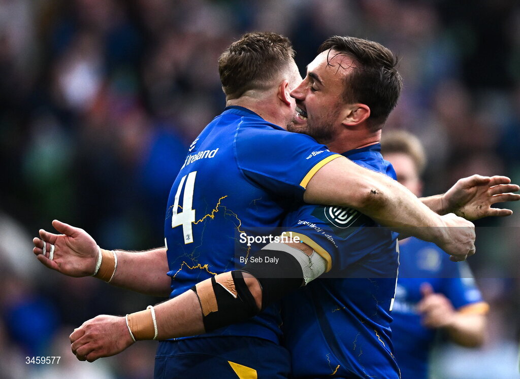 16 May 2026; Jordan Larmour of Leinster, left, celebrates with teammate Rónan Kelleher after scoring their side's sixth try during the United Rugby Championship match between Leinster and Ospreys at the Aviva Stadium in Dublin. Photo by Seb Daly/Sportsfile