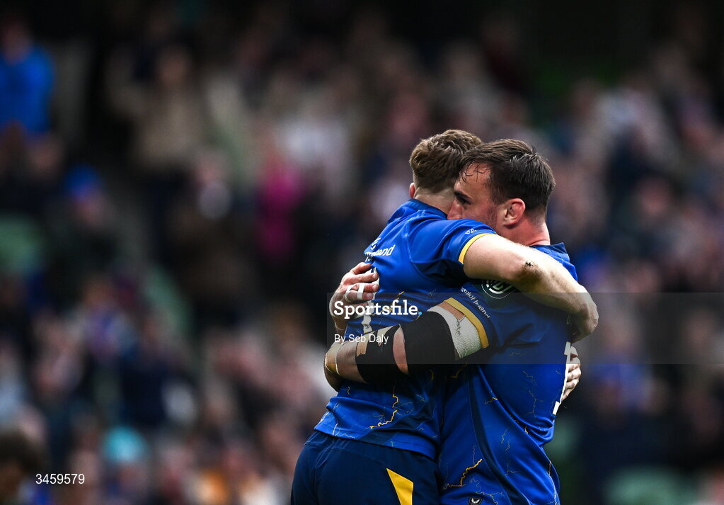 16 May 2026; Jordan Larmour of Leinster, left, celebrates with teammate Rónan Kelleher after scoring their side's sixth try during the United Rugby Championship match between Leinster and Ospreys at the Aviva Stadium in Dublin. Photo by Seb Daly/Sportsfile