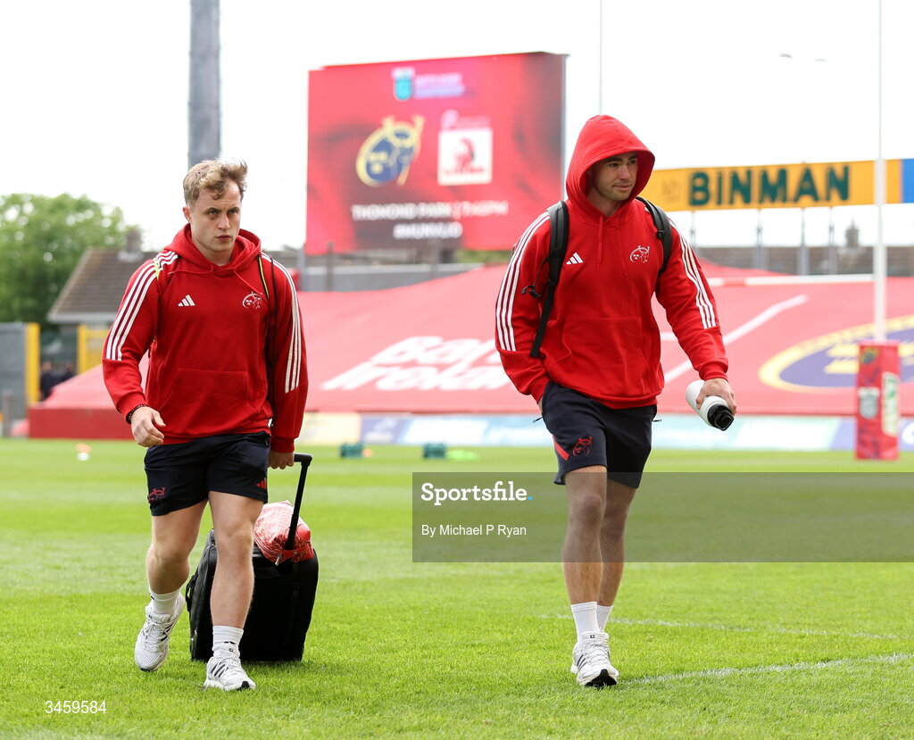 16 May 2026; Munster players, from left, Craig Casey and Jack Crowley arrive before the United Rugby Championship match between Munster and Lions at Thomond Park in Limerick. Photo by Michael P Ryan/Sportsfile