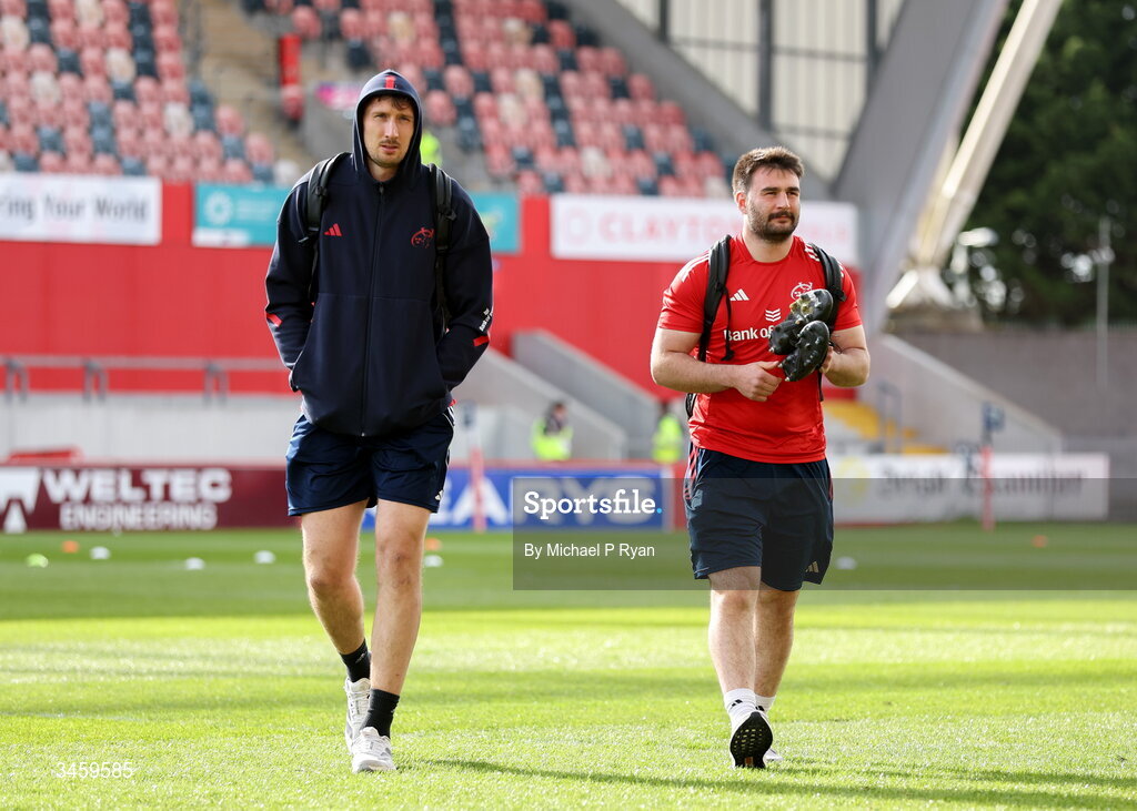 16 May 2026; Munster players, from left, Tom Ahern and John Hodnett arrive before the United Rugby Championship match between Munster and Lions at Thomond Park in Limerick. Photo by Michael P Ryan/Sportsfile