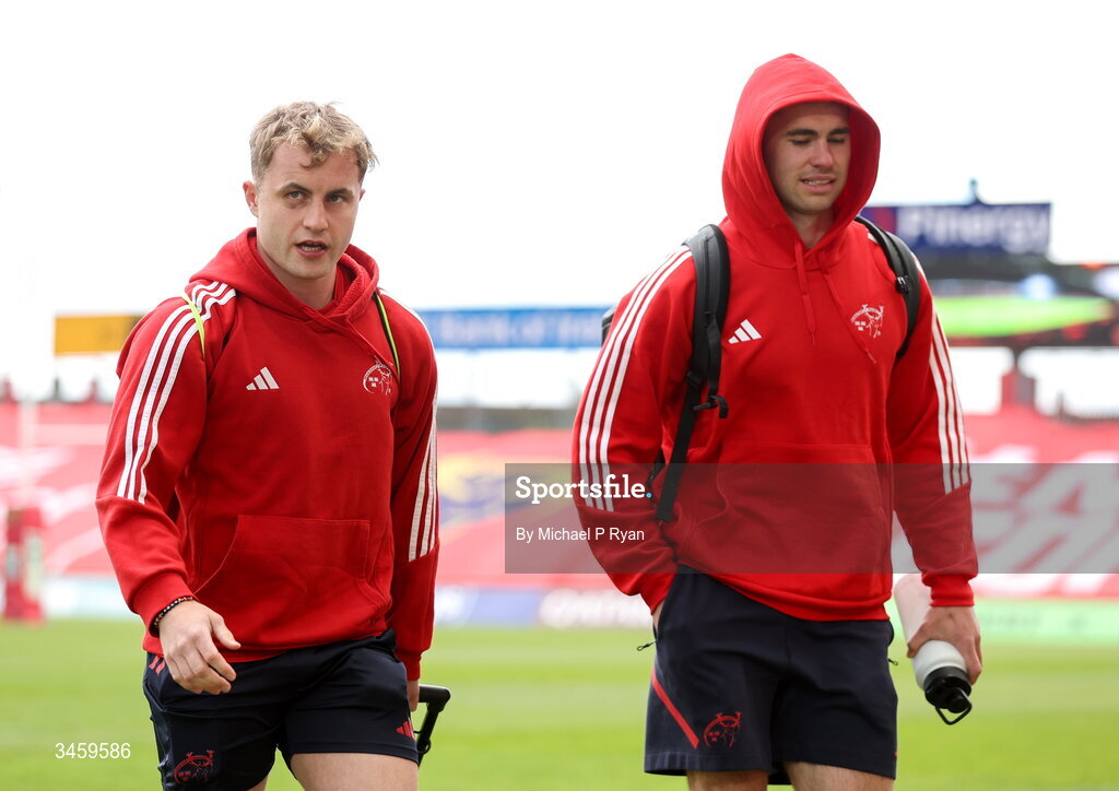16 May 2026; Munster players, from left, Craig Casey and Jack Crowley arrive before the United Rugby Championship match between Munster and Lions at Thomond Park in Limerick. Photo by Michael P Ryan/Sportsfile