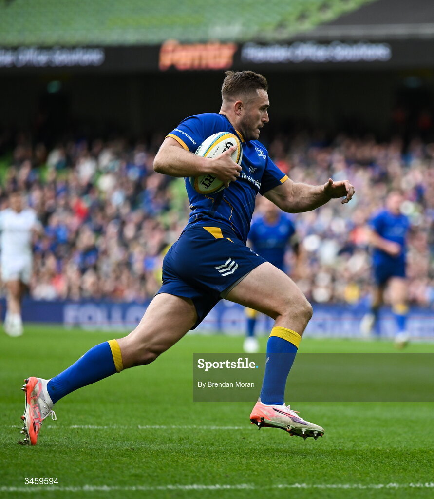 16 May 2026; Jordan Larmour of Leinster runs in his side's sixth try during the United Rugby Championship match between Leinster and Ospreys at the Aviva Stadium in Dublin. Photo by Brendan Moran/Sportsfile