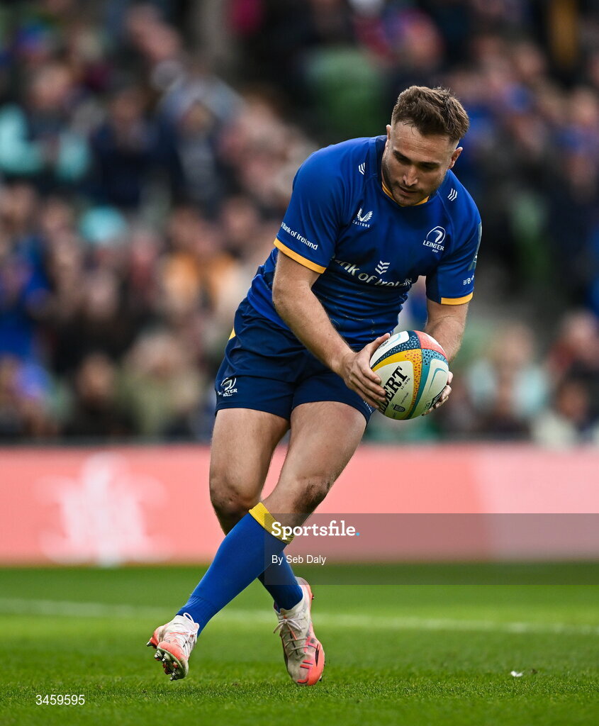 16 May 2026; Jordan Larmour of Leinster scores his side's eighth try during the United Rugby Championship match between Leinster and Ospreys at the Aviva Stadium in Dublin. Photo by Seb Daly/Sportsfile