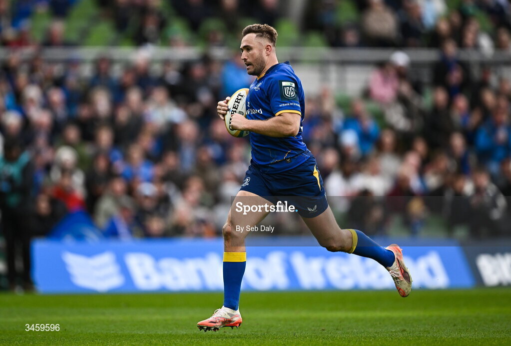 16 May 2026; Jordan Larmour of Leinster on his way to scoring his side's eighth try during the United Rugby Championship match between Leinster and Ospreys at the Aviva Stadium in Dublin. Photo by Seb Daly/Sportsfile
