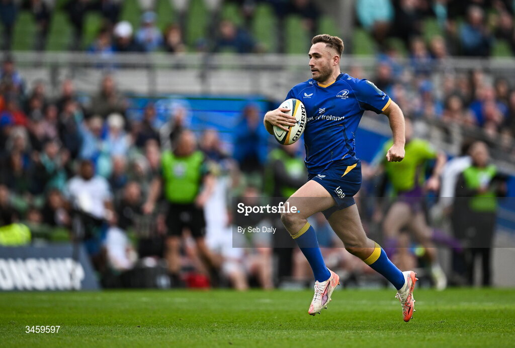 16 May 2026; Jordan Larmour of Leinster on his way to scoring his side's eighth try during the United Rugby Championship match between Leinster and Ospreys at the Aviva Stadium in Dublin. Photo by Seb Daly/Sportsfile