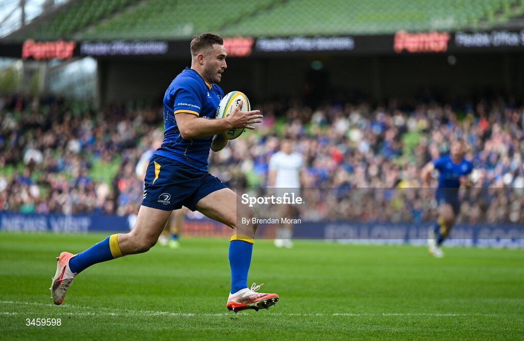 16 May 2026; Jordan Larmour of Leinster runs in his side's sixth try during the United Rugby Championship match between Leinster and Ospreys at the Aviva Stadium in Dublin. Photo by Brendan Moran/Sportsfile
