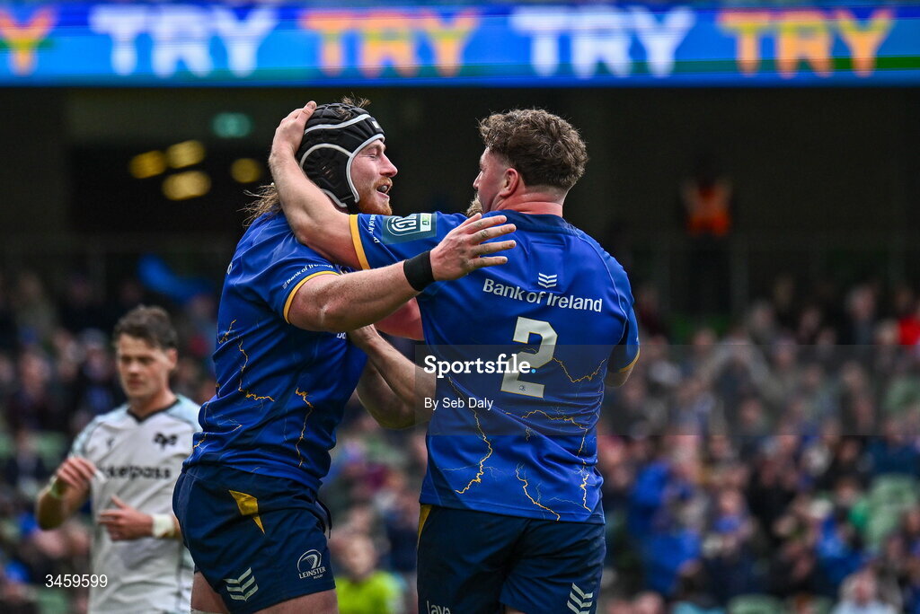 16 May 2026; Joe McCarthy of Leinster celebrates with teammate Gus McCarthy after scoring their side's seventh try during the United Rugby Championship match between Leinster and Ospreys at the Aviva Stadium in Dublin. Photo by Seb Daly/Sportsfile