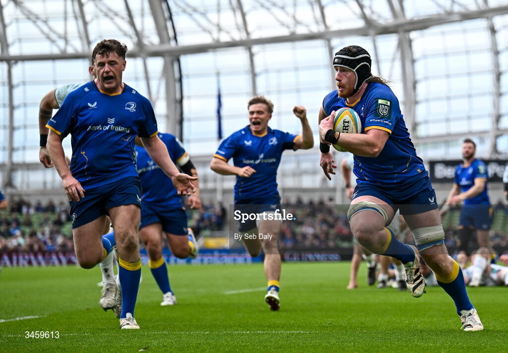 16 May 2026; Joe McCarthy of Leinster on his way to scoring his side's seventh try during the United Rugby Championship match between Leinster and Ospreys at the Aviva Stadium in Dublin. Photo by Seb Daly/Sportsfile