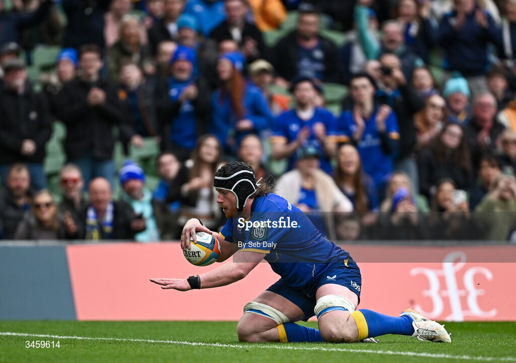 16 May 2026; Joe McCarthy of Leinster scores his side's ninth try during the United Rugby Championship match between Leinster and Ospreys at the Aviva Stadium in Dublin. Photo by Seb Daly/Sportsfile