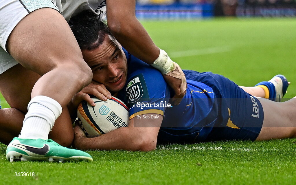 16 May 2026; James Lowe of Leinster scores his side's 10th try during the United Rugby Championship match between Leinster and Ospreys at the Aviva Stadium in Dublin. Photo by Seb Daly/Sportsfile