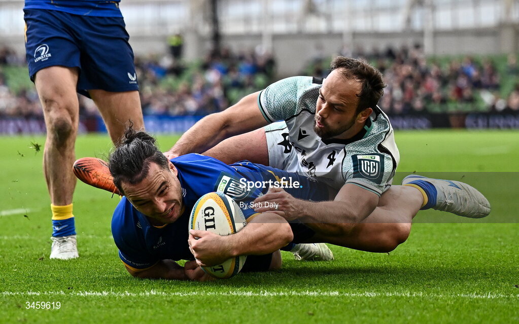 16 May 2026; James Lowe of Leinster scores his side's 10th try during the United Rugby Championship match between Leinster and Ospreys at the Aviva Stadium in Dublin. Photo by Seb Daly/Sportsfile