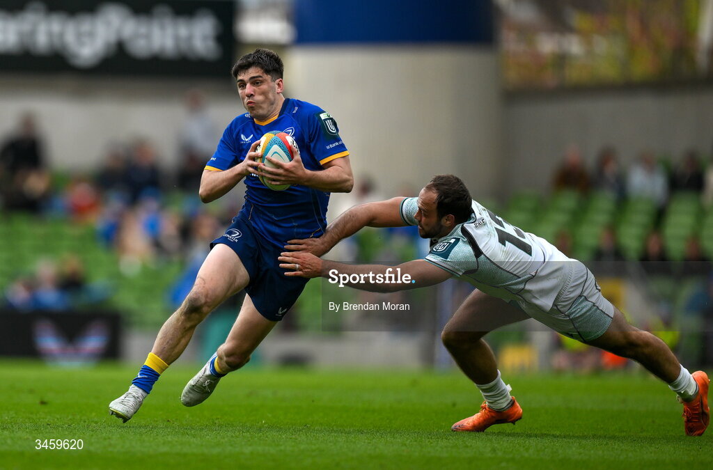 16 May 2026; Jimmy O'Brien of Leinster is tackled by Evardi Boshoff of Ospreys during the United Rugby Championship match between Leinster and Ospreys at the Aviva Stadium in Dublin. Photo by Brendan Moran/Sportsfile