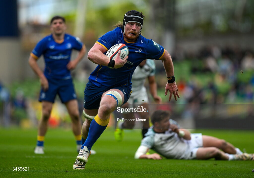 16 May 2026; Joe McCarthy of Leinster on the way to scoring his side's ninth try during the United Rugby Championship match between Leinster and Ospreys at the Aviva Stadium in Dublin. Photo by Brendan Moran/Sportsfile