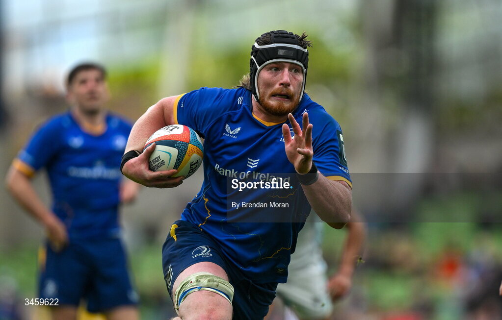 16 May 2026; Joe McCarthy of Leinster on the way to scoring his side's ninth try during the United Rugby Championship match between Leinster and Ospreys at the Aviva Stadium in Dublin. Photo by Brendan Moran/Sportsfile
