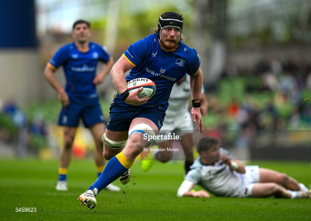 16 May 2026; Joe McCarthy of Leinster on the way to scoring his side's ninth try during the United Rugby Championship match between Leinster and Ospreys at the Aviva Stadium in Dublin. Photo by Brendan Moran/Sportsfile