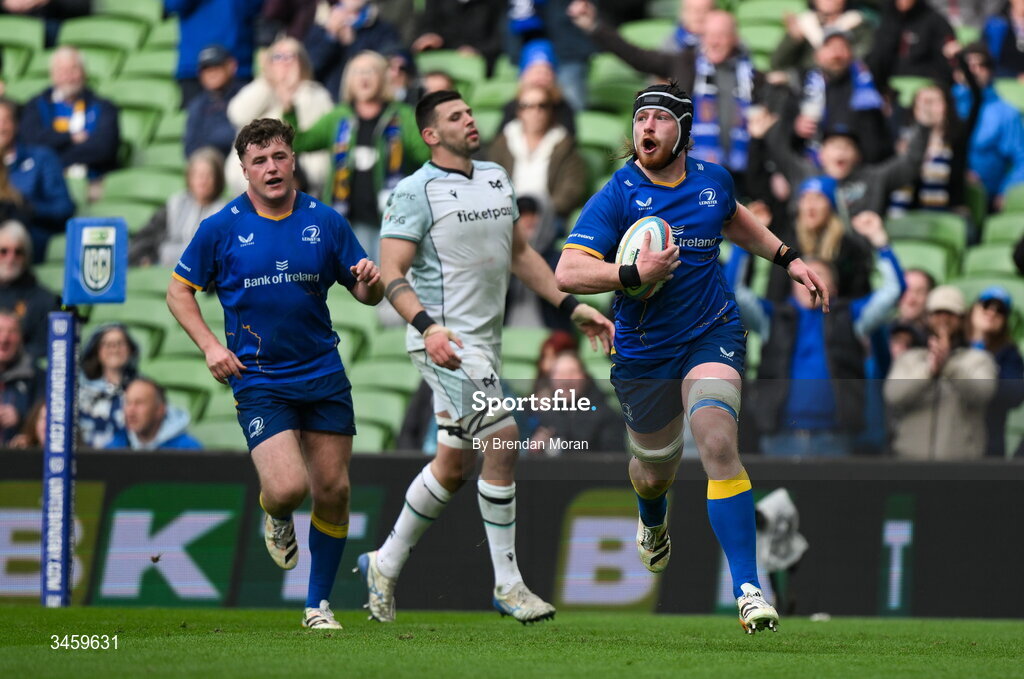 16 May 2026; Joe McCarthy of Leinster runs in his second and his side's seventh try during the United Rugby Championship match between Leinster and Ospreys at the Aviva Stadium in Dublin. Photo by Brendan Moran/Sportsfile