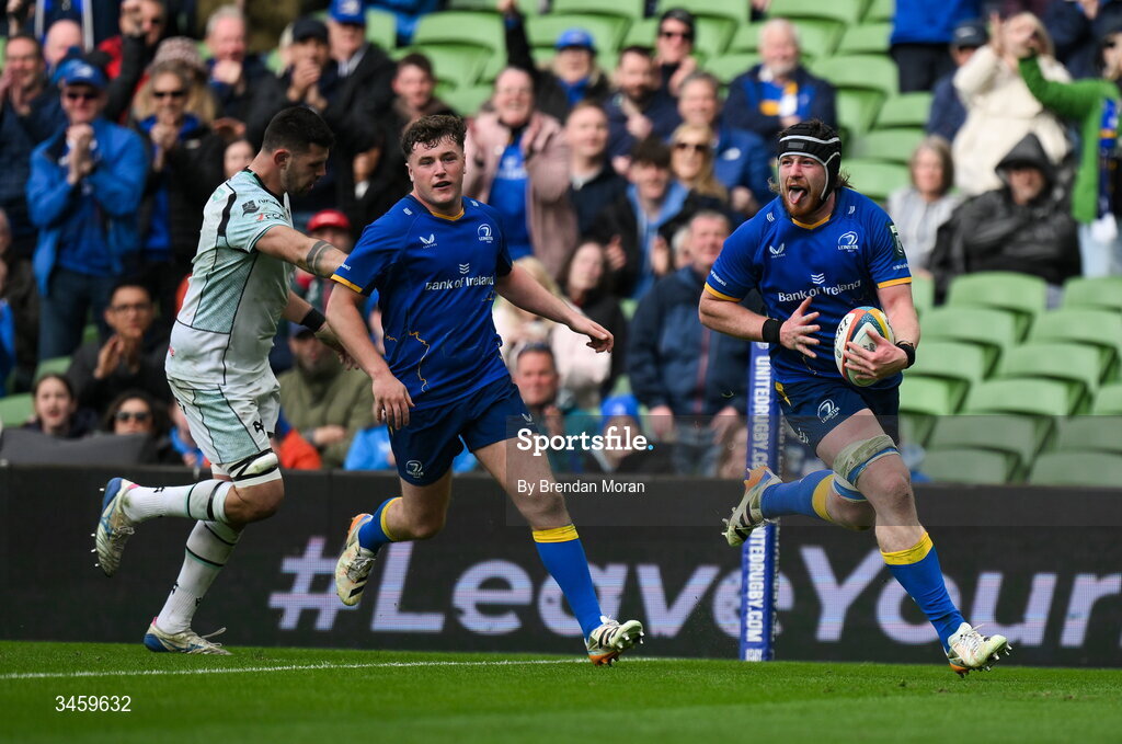 16 May 2026; Joe McCarthy of Leinster runs in his second and his side's seventh try during the United Rugby Championship match between Leinster and Ospreys at the Aviva Stadium in Dublin. Photo by Brendan Moran/Sportsfile