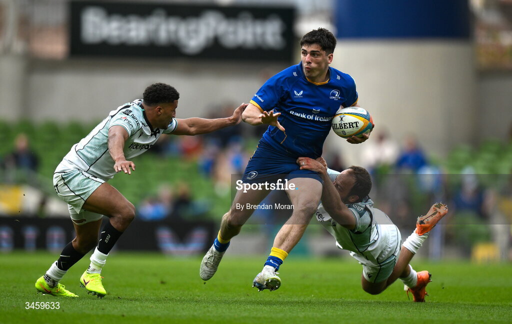 16 May 2026; Jimmy O'Brien of Leinster is tackled by Keelan Giles, left, and Evardi Boshoff of Ospreys during the United Rugby Championship match between Leinster and Ospreys at the Aviva Stadium in Dublin. Photo by Brendan Moran/Sportsfile