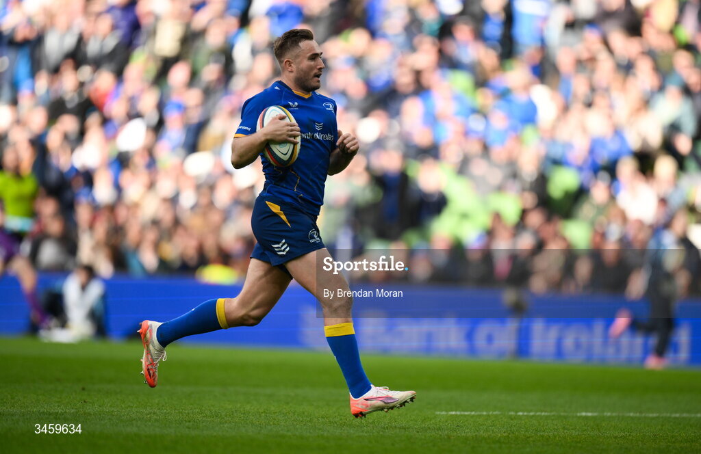 16 May 2026; Jordan Larmour of Leinster runs in his second and his side's eighth try during the United Rugby Championship match between Leinster and Ospreys at the Aviva Stadium in Dublin. Photo by Brendan Moran/Sportsfile