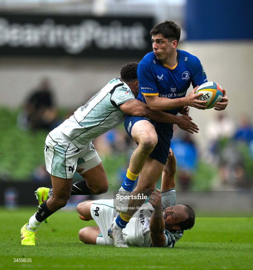 16 May 2026; Jimmy O'Brien of Leinster is tackled by Keelan Giles, left, and Evardi Boshoff of Ospreys during the United Rugby Championship match between Leinster and Ospreys at the Aviva Stadium in Dublin. Photo by Brendan Moran/Sportsfile