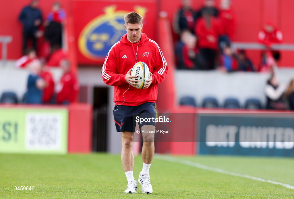 16 May 2026; Jack Crowley of Munster before the United Rugby Championship match between Munster and Lions at Thomond Park in Limerick. Photo by Michael P Ryan/Sportsfile