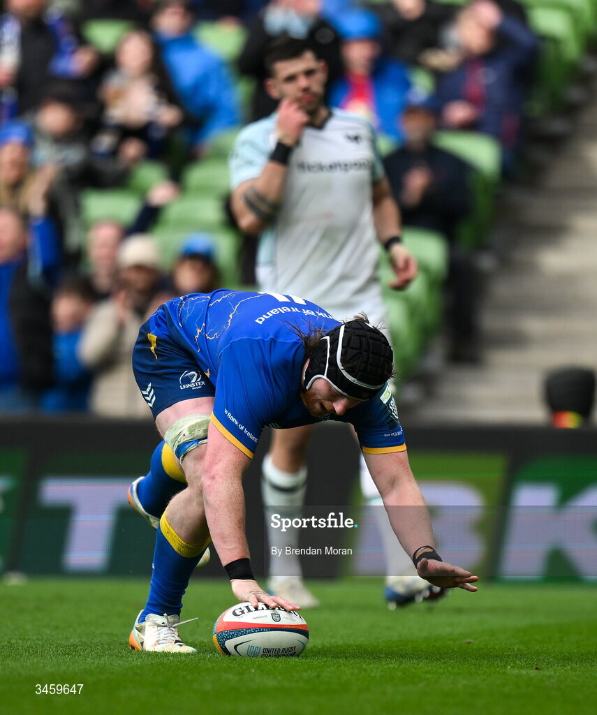 16 May 2026; Joe McCarthy of Leinster scores his second and his side's seventh try during the United Rugby Championship match between Leinster and Ospreys at the Aviva Stadium in Dublin. Photo by Brendan Moran/Sportsfile