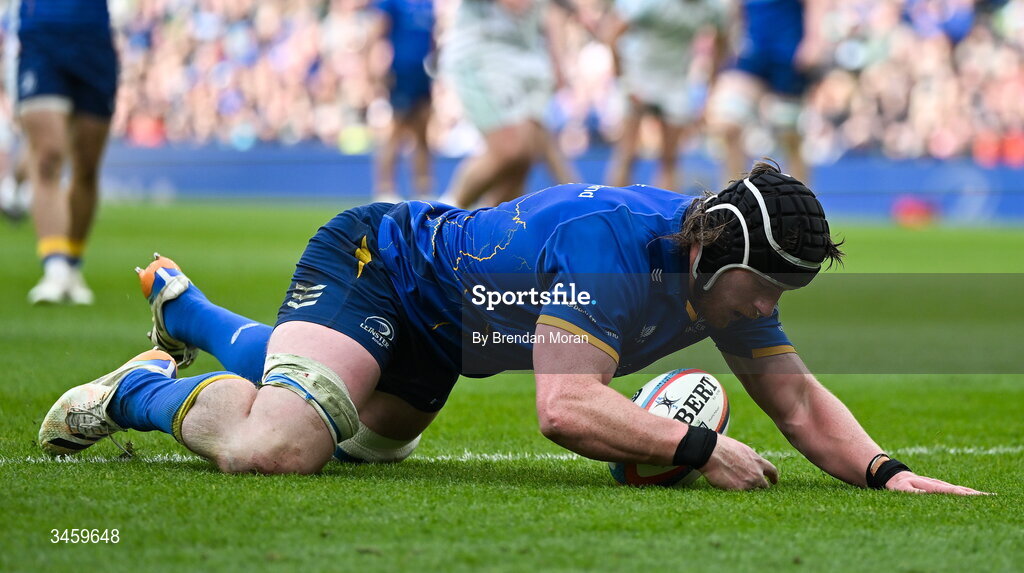 16 May 2026; Joe McCarthy of Leinster scores his third and his side's ninth try during the United Rugby Championship match between Leinster and Ospreys at the Aviva Stadium in Dublin. Photo by Brendan Moran/Sportsfile