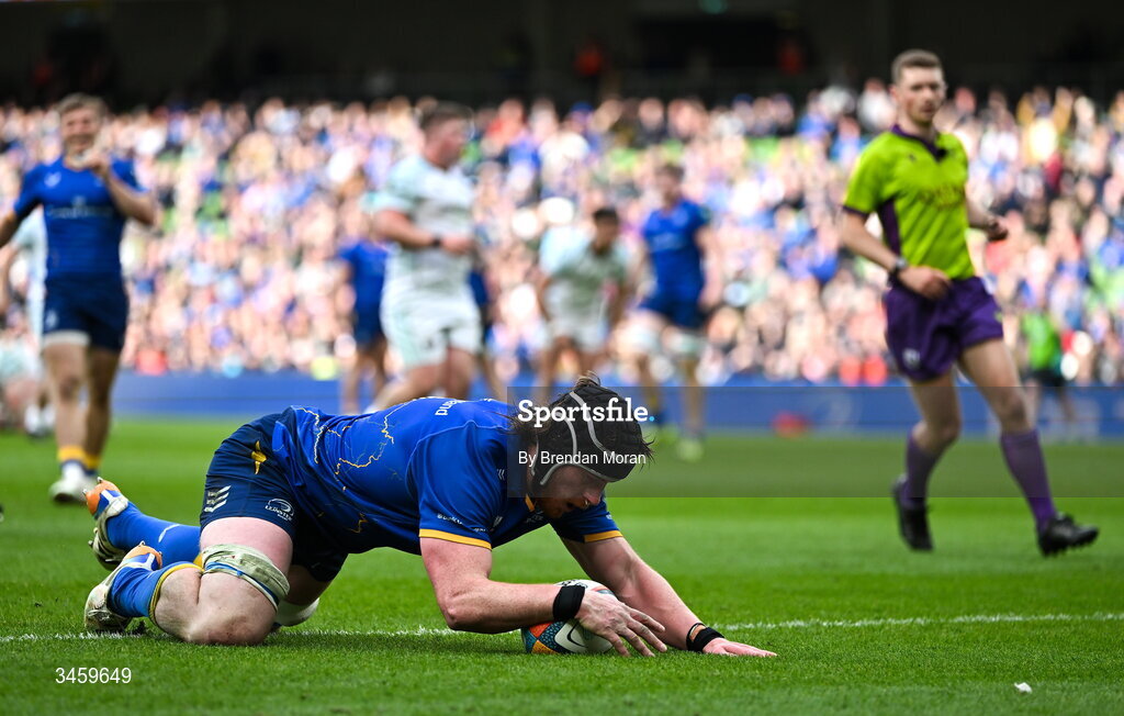 16 May 2026; Joe McCarthy of Leinster scores his third and his side's ninth try during the United Rugby Championship match between Leinster and Ospreys at the Aviva Stadium in Dublin. Photo by Brendan Moran/Sportsfile
