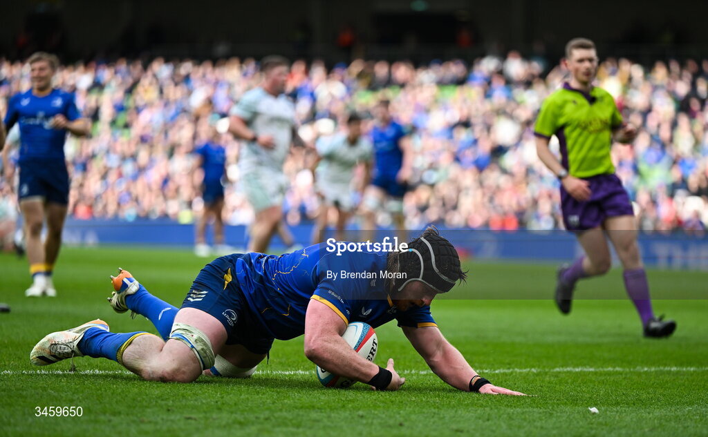 16 May 2026; Joe McCarthy of Leinster scores his third and his side's ninth try during the United Rugby Championship match between Leinster and Ospreys at the Aviva Stadium in Dublin. Photo by Brendan Moran/Sportsfile
