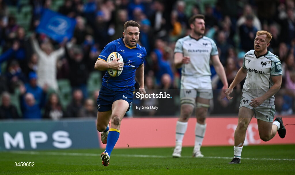 16 May 2026; Jordan Larmour of Leinster on his way to scoring his side's sixth try during the United Rugby Championship match between Leinster and Ospreys at the Aviva Stadium in Dublin. Photo by Seb Daly/Sportsfile