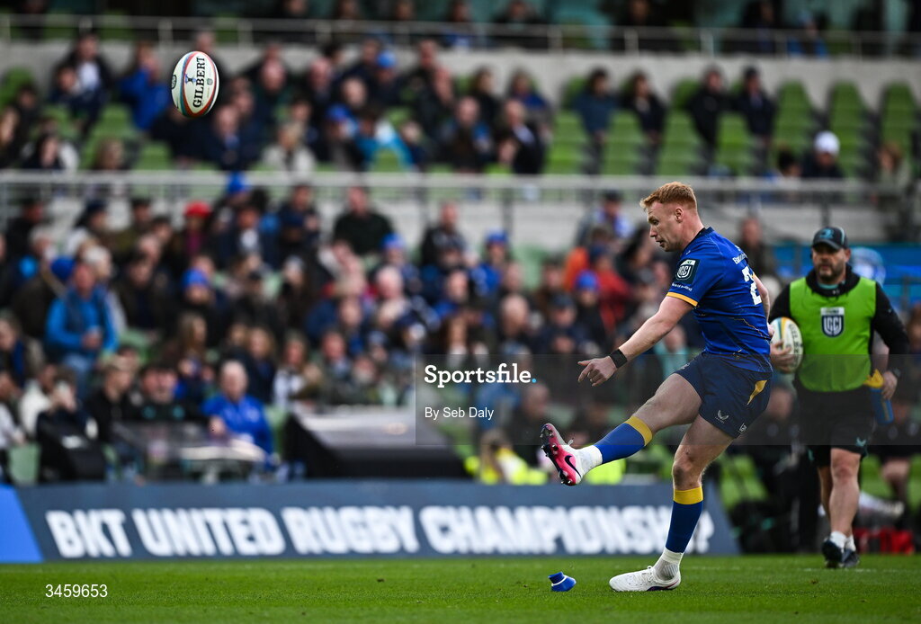 16 May 2026; Ciarán Frawley of Leinster kicks a conversion during the United Rugby Championship match between Leinster and Ospreys at the Aviva Stadium in Dublin. Photo by Seb Daly/Sportsfile