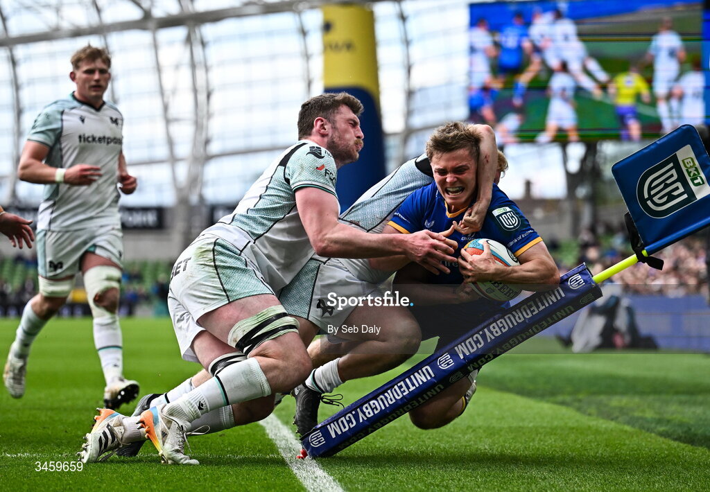 16 May 2026; Fintan Gunne of Leinster is tackled by Ospreys players James Ratti and Iestyn Hopkins during the United Rugby Championship match between Leinster and Ospreys at the Aviva Stadium in Dublin. Photo by Seb Daly/Sportsfile