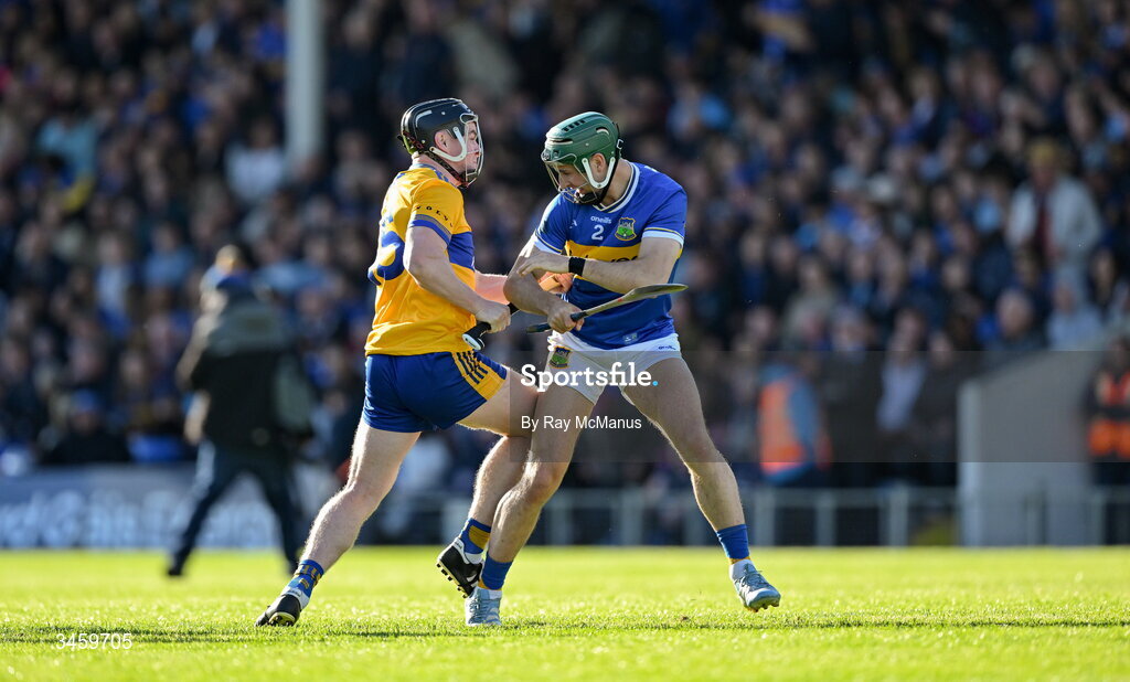 16 May 2026; Tony Kelly of Clare and Robert Doyle of Tipperary jostle before the start  the Munster GAA Senior Hurling Championship Round 4 match between Tipperary and Clare at FBD Semple Stadium in Thurles, Tipperary. Photo by Ray McManus/Sportsfile