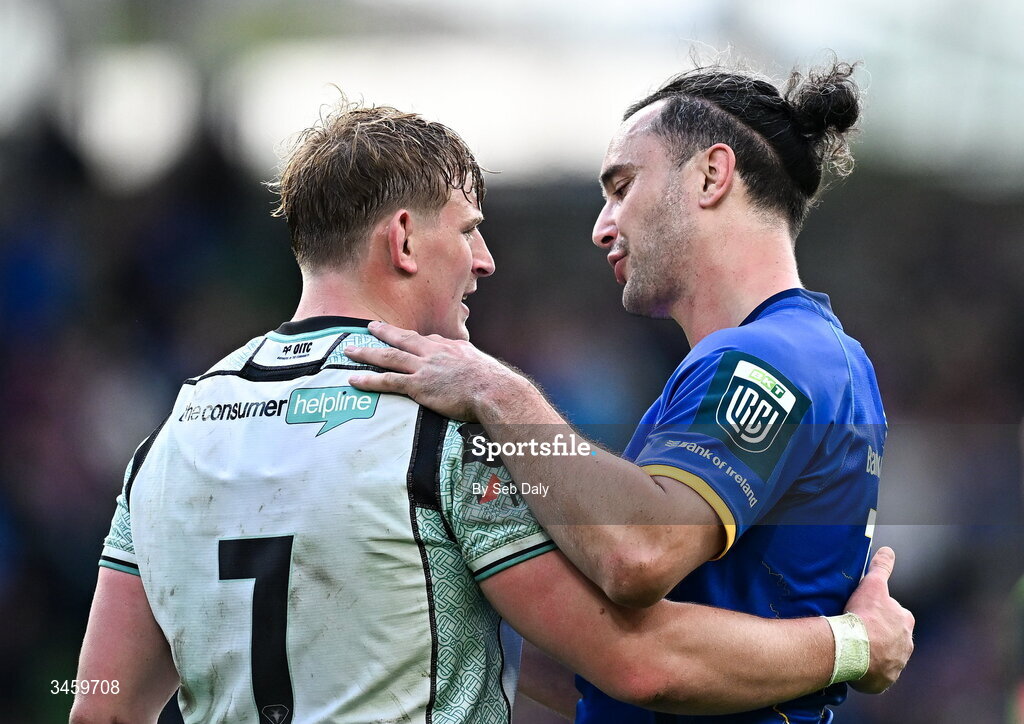 16 May 2026; James Lowe of Leinster, right, and Jac Morgan of Ospreys after the United Rugby Championship match between Leinster and Ospreys at the Aviva Stadium in Dublin. Photo by Seb Daly/Sportsfile