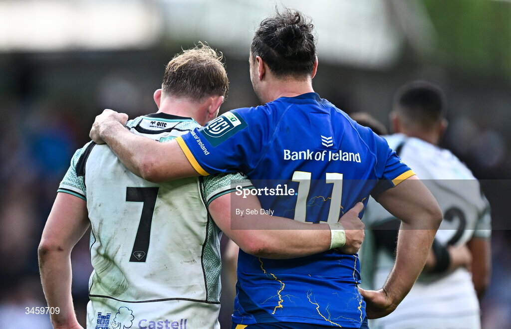 16 May 2026; James Lowe of Leinster, right, and Jac Morgan of Ospreys after the United Rugby Championship match between Leinster and Ospreys at the Aviva Stadium in Dublin. Photo by Seb Daly/Sportsfile