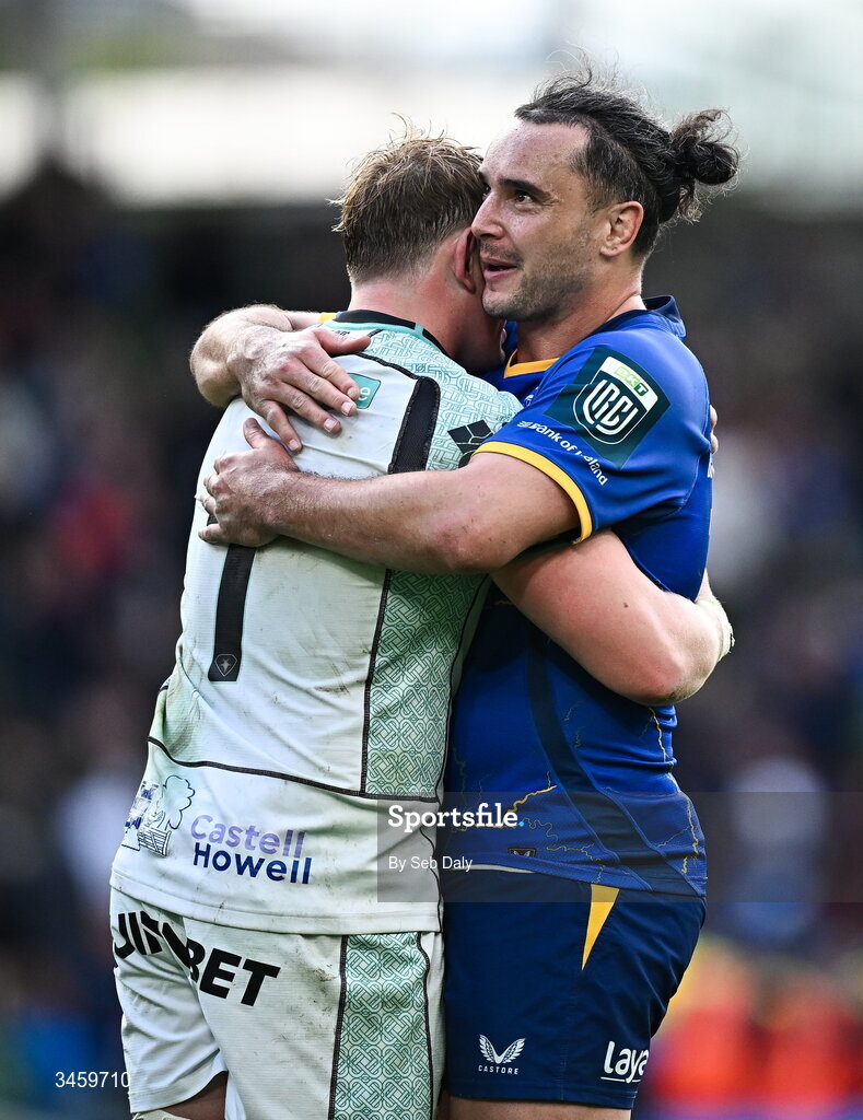 16 May 2026; James Lowe of Leinster and Jac Morgan of Ospreys after the United Rugby Championship match between Leinster and Ospreys at the Aviva Stadium in Dublin. Photo by Seb Daly/Sportsfile