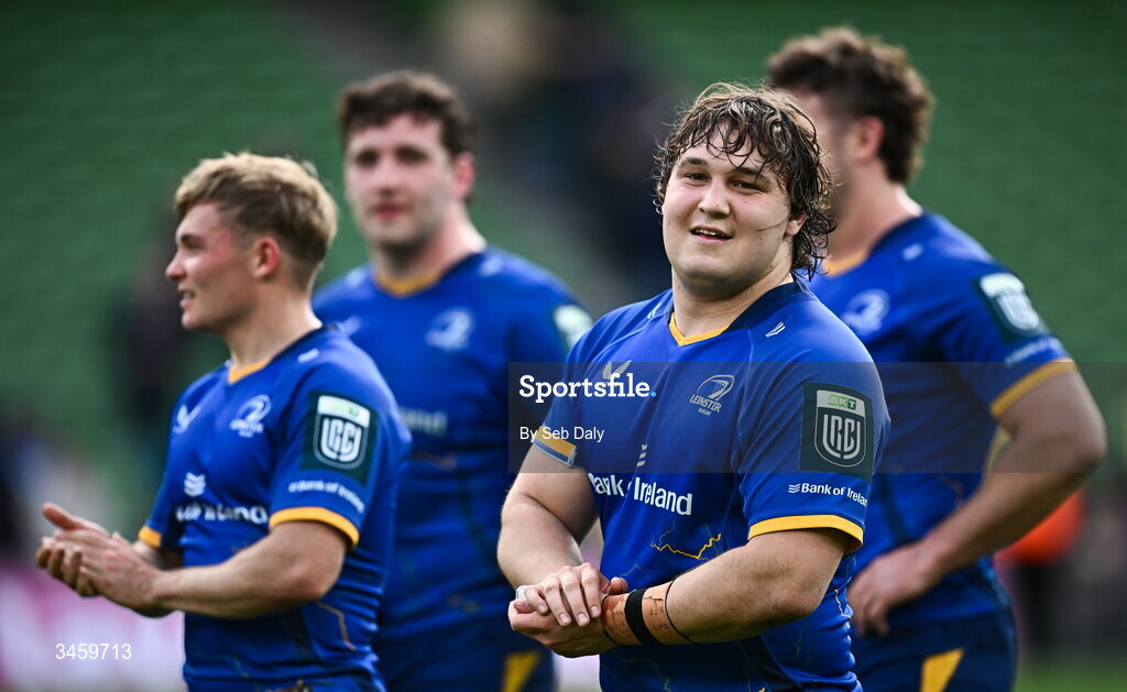 16 May 2026; Alex Usanov of Leinster and teammates after the United Rugby Championship match between Leinster and Ospreys at the Aviva Stadium in Dublin. Photo by Seb Daly/Sportsfile