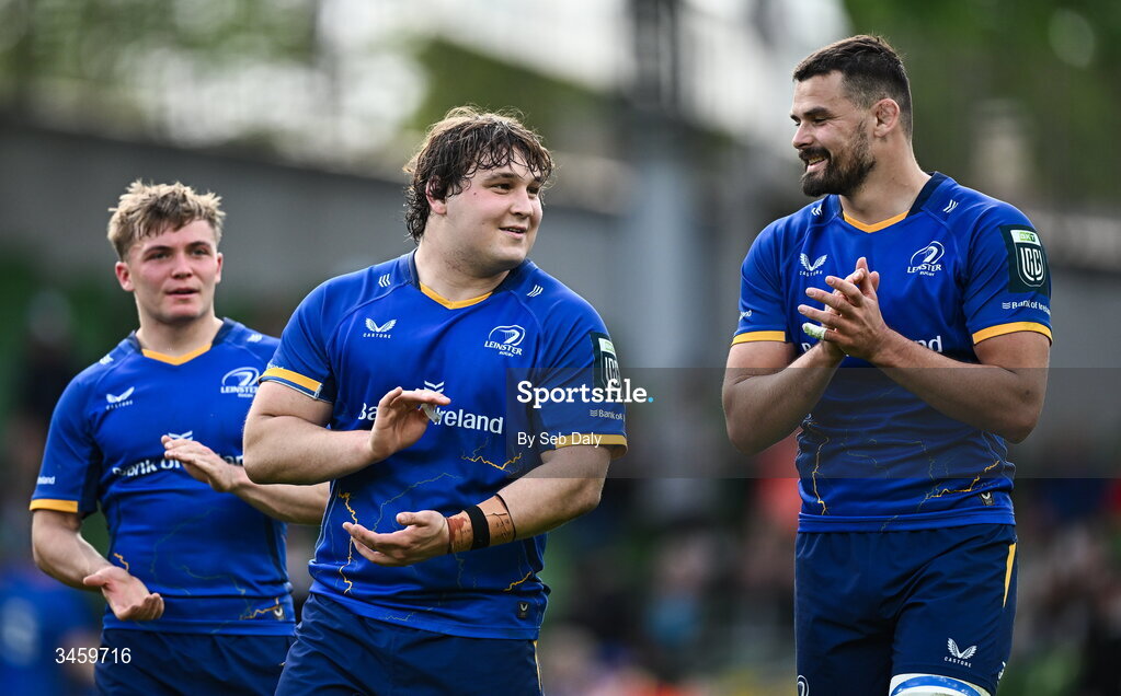 16 May 2026; Leinster players Alex Usanov, left, and Max Deegan after the United Rugby Championship match between Leinster and Ospreys at the Aviva Stadium in Dublin. Photo by Seb Daly/Sportsfile